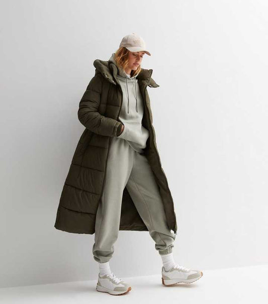 Khaki Hooded Longline Puffer Coat