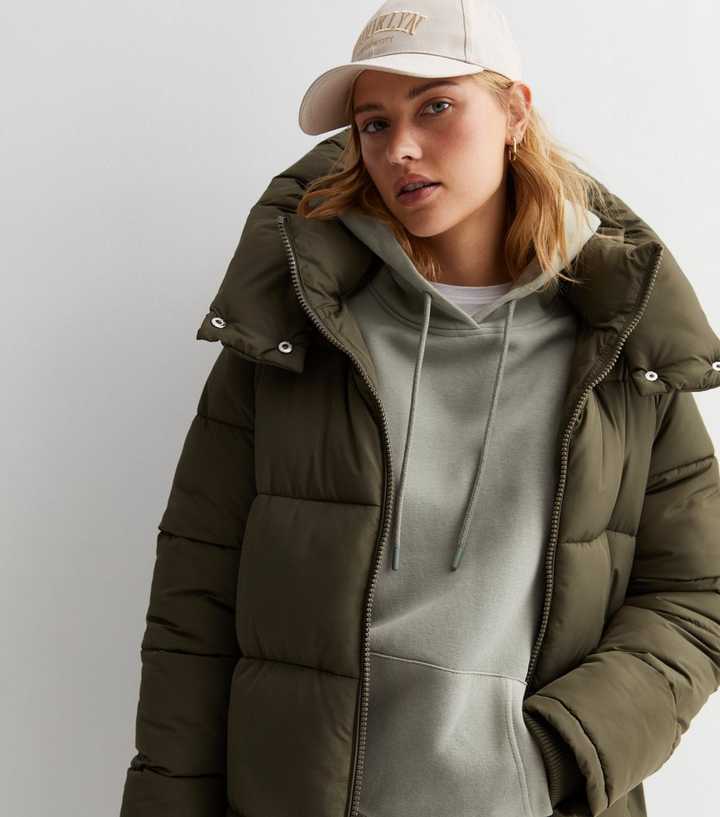 Khaki Hooded Longline Puffer Coat