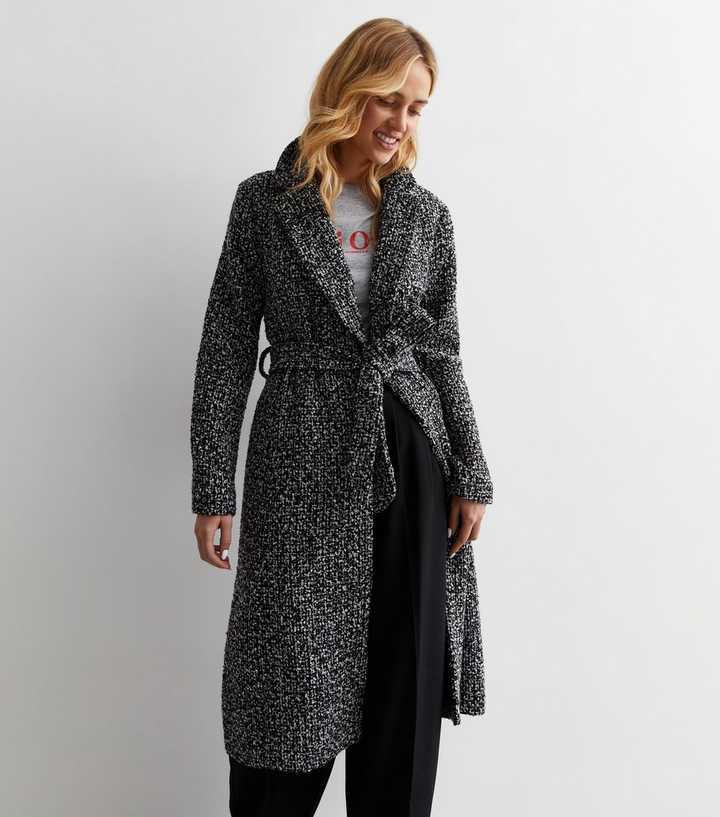 Black Bouclé Belted Long Coat