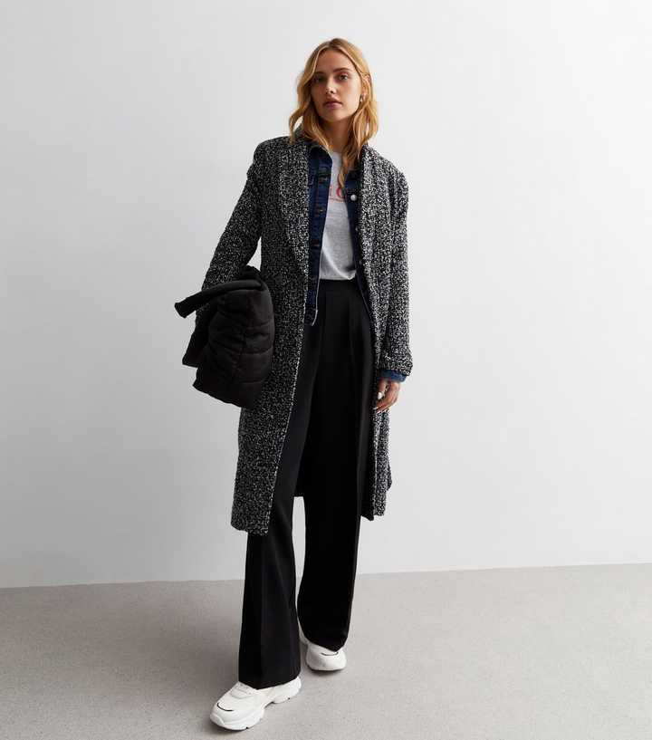 Black Bouclé Belted Long Coat